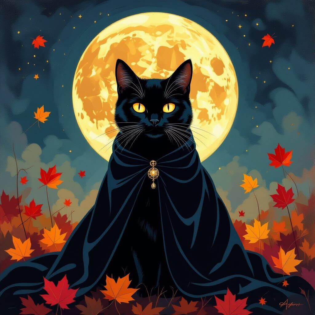 Black Cat Under Moon in Neo-Impressionism Style