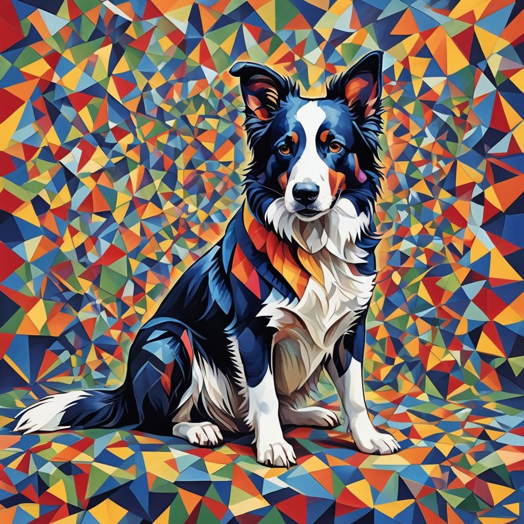 Rainbow Border Collie Cubist Painting in Geometric Fauvism
