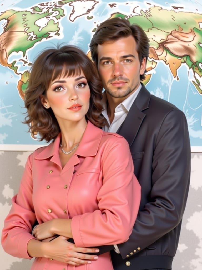 Couple Embracing on World Map in Anime Style