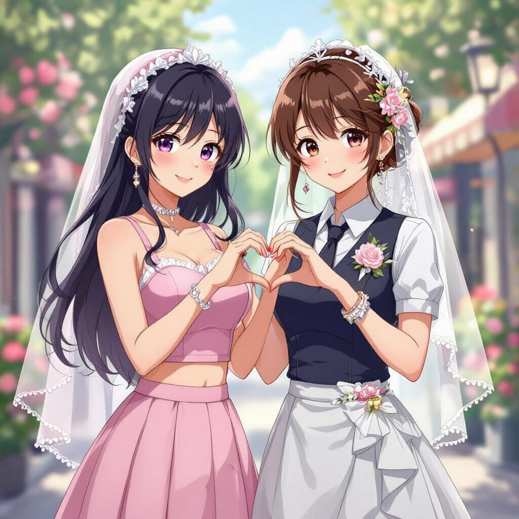 Anime Couple Holding Hands in Wedding Attire