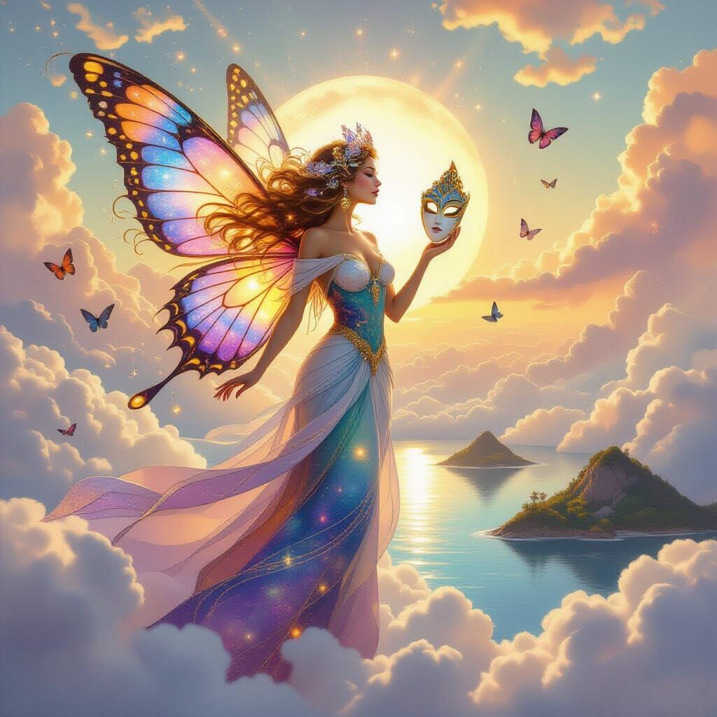 Celestial Goddess with Butterfly Wings in Watercolor Style