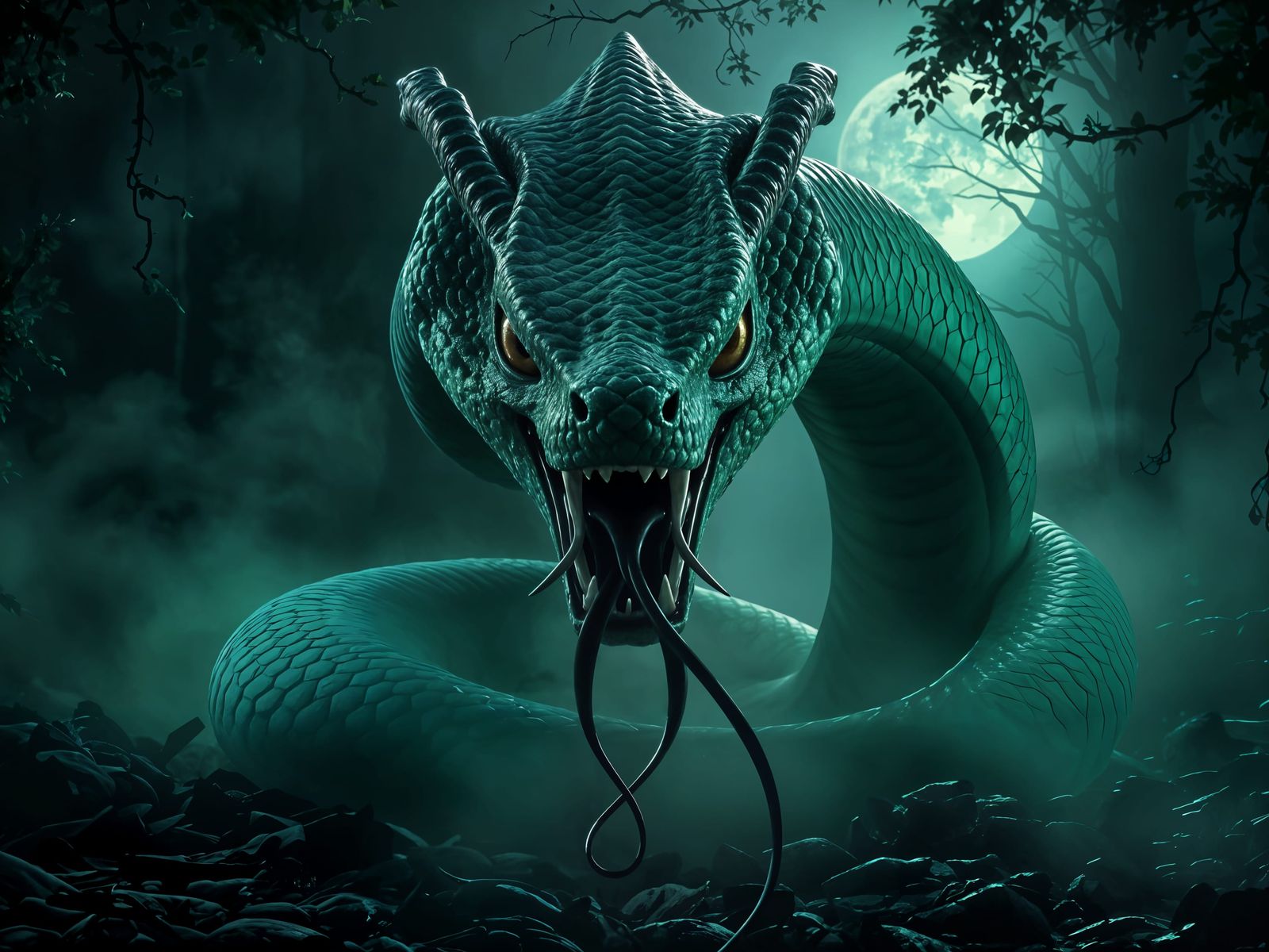 Mystical Serpent of the Emerald Forest in 3D Cyberpunk Art