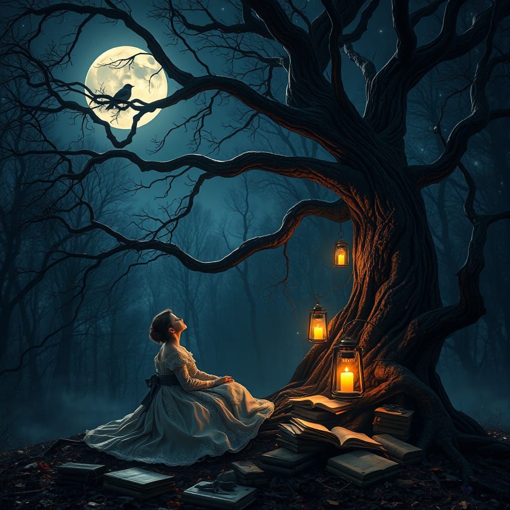 Moonlit Twilight Forest with Nightingale in Dreamscape