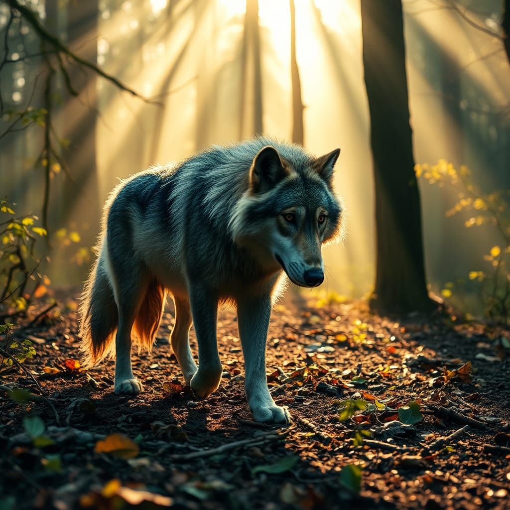 Wolf Roaming Misty Forest in Cinematic Realism