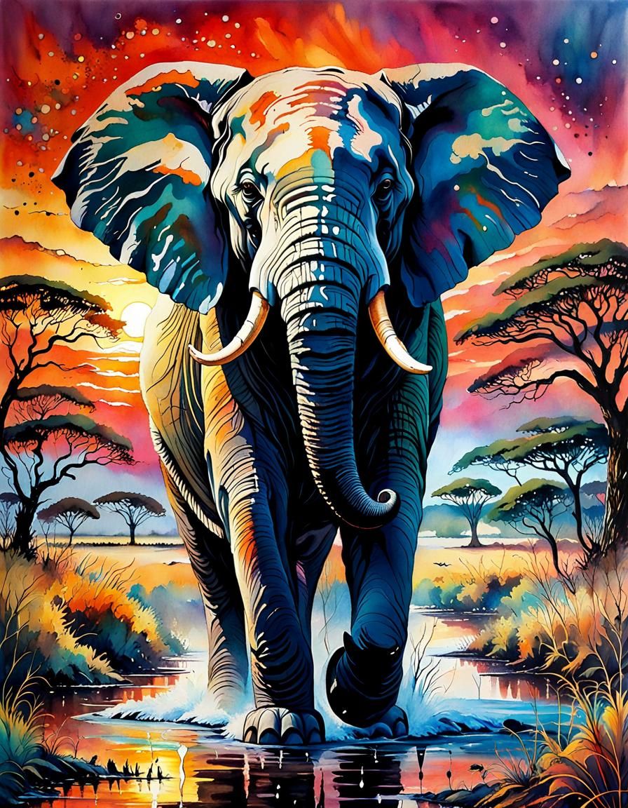 Graceful Elephant in Watercolor Sunset Dreamscape