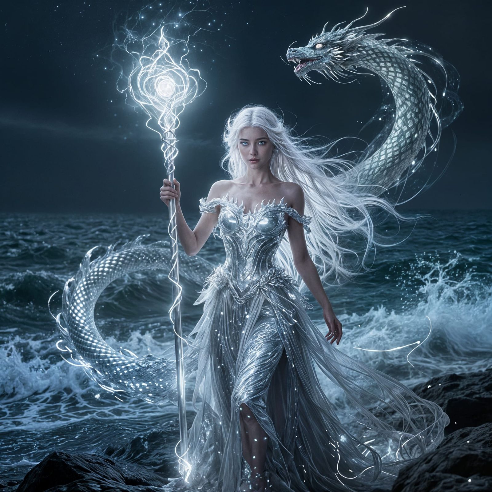 Sorceress Conjures Serpent Light on Ocean Shore