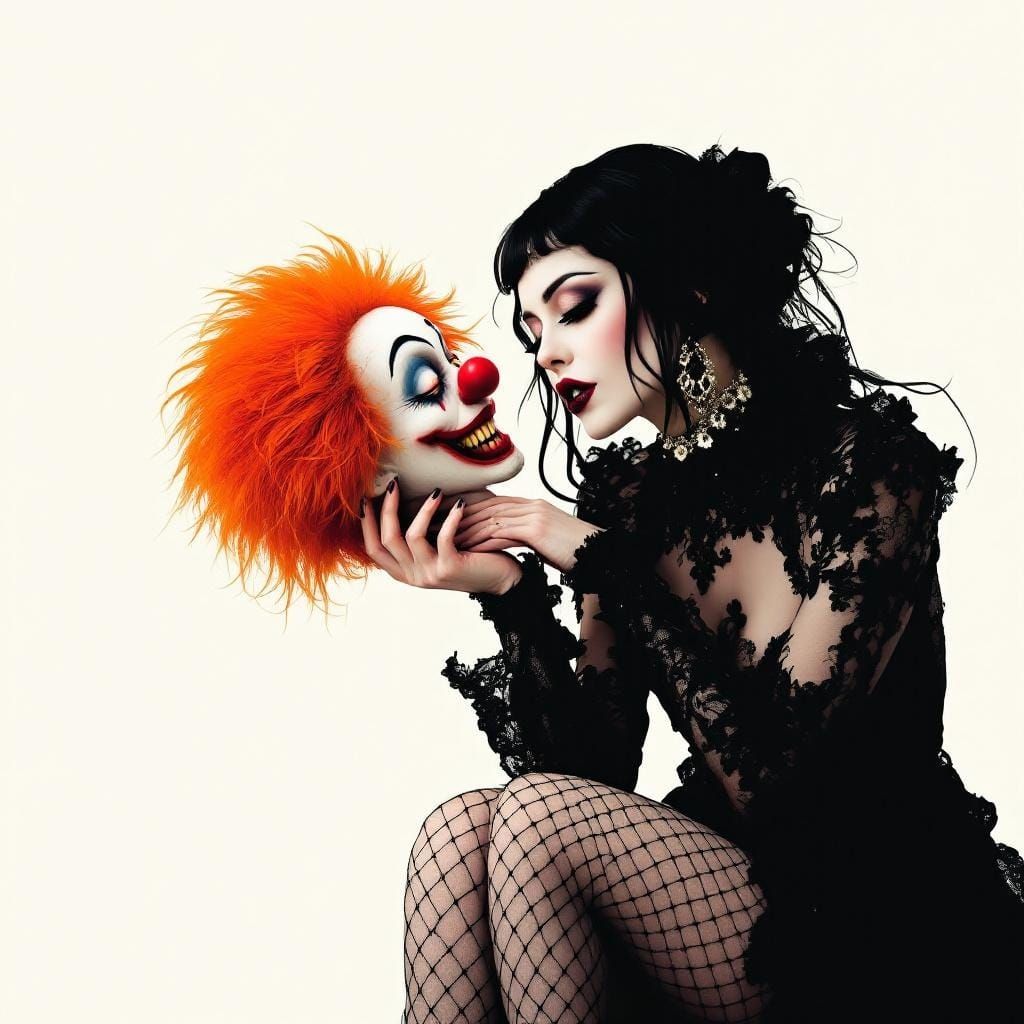 Goth Woman and Clown in Pop Surrealism Style