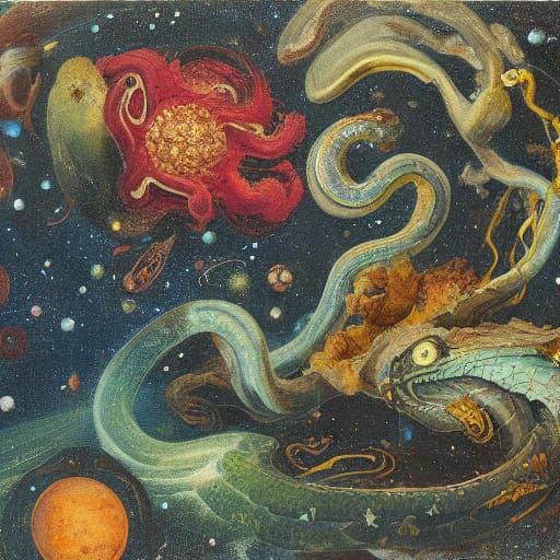 Cosmic Serpent Demise in Surreal Style