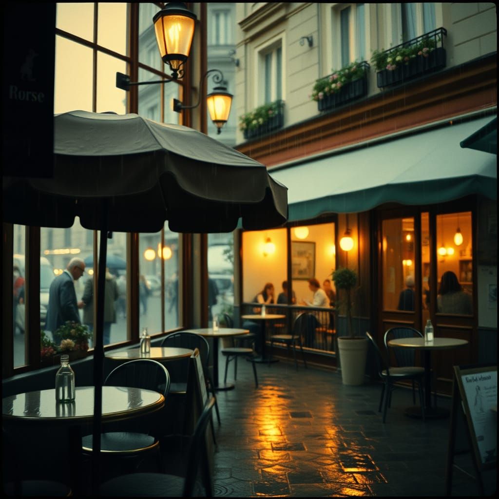 Rainy French Cafe Scene in Gritty Film Style