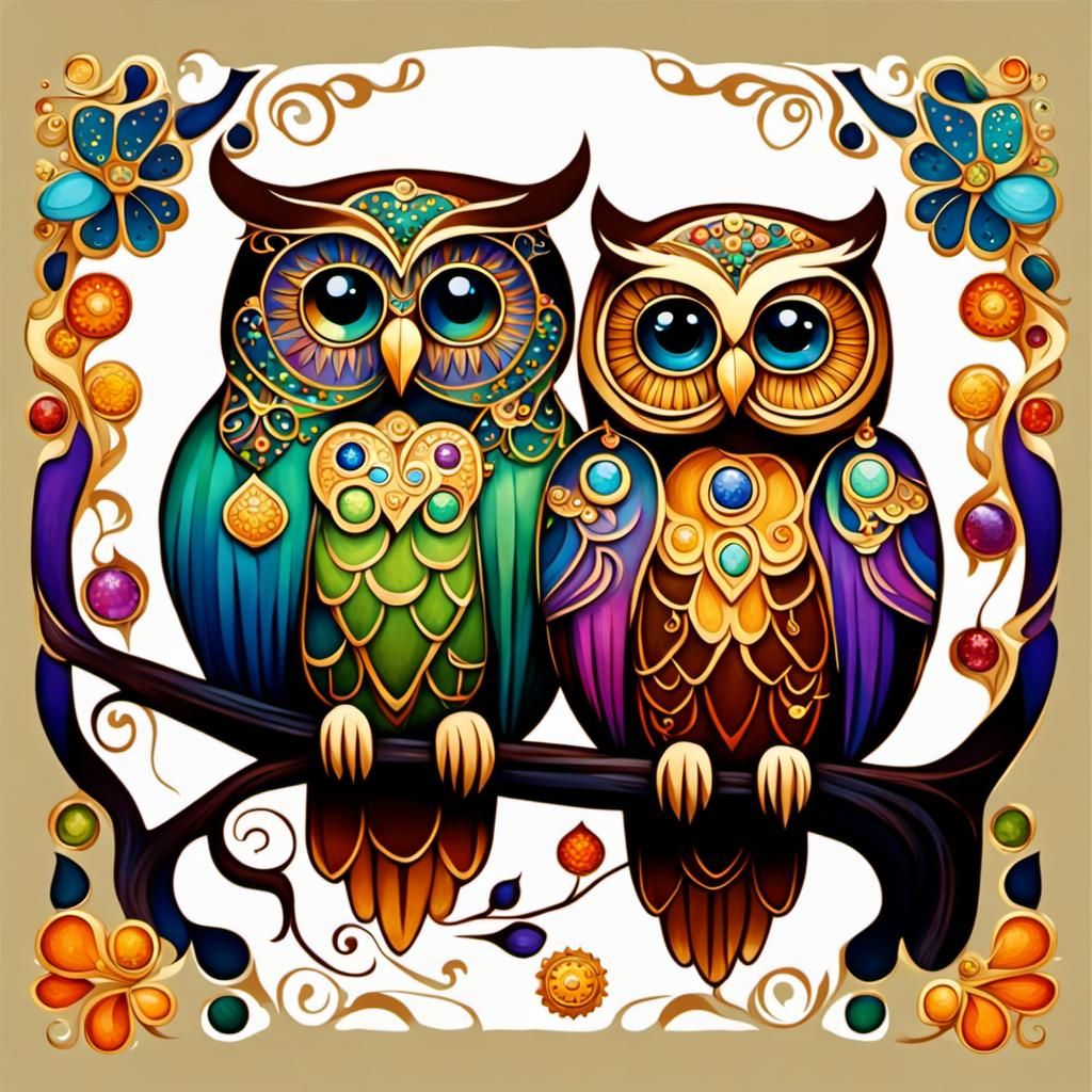 Whimsical Owls on Branch in Art Nouveau Style