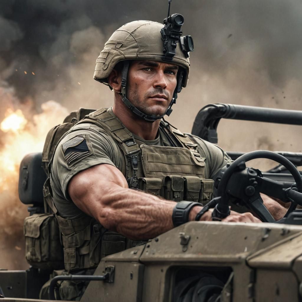 Handsome Soldier Drives Humvee: Photorealistic Image