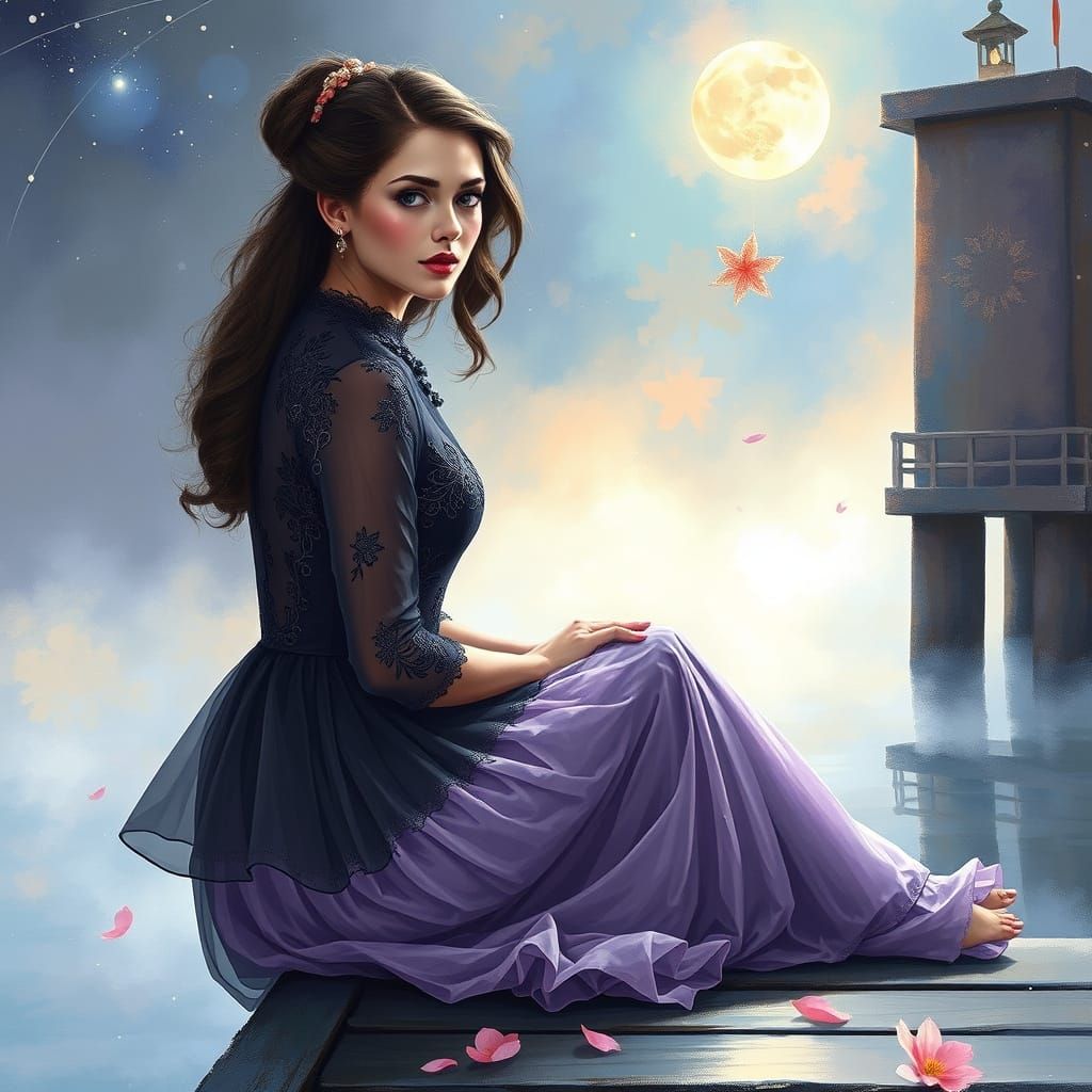 Ethereal Woman on Pier in Dreamy Landscape
