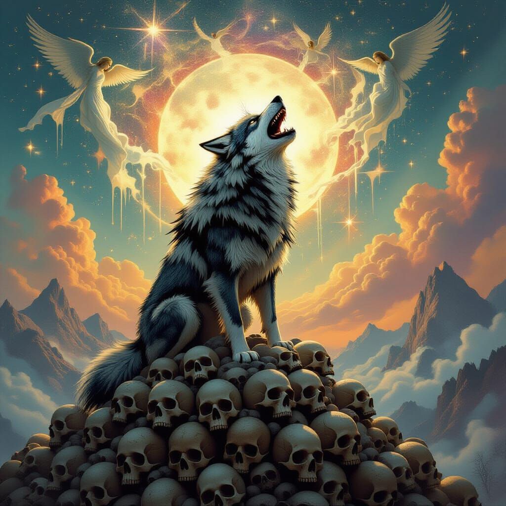 Lone Wolf Howling Under Cosmic Sky of Angel Tears