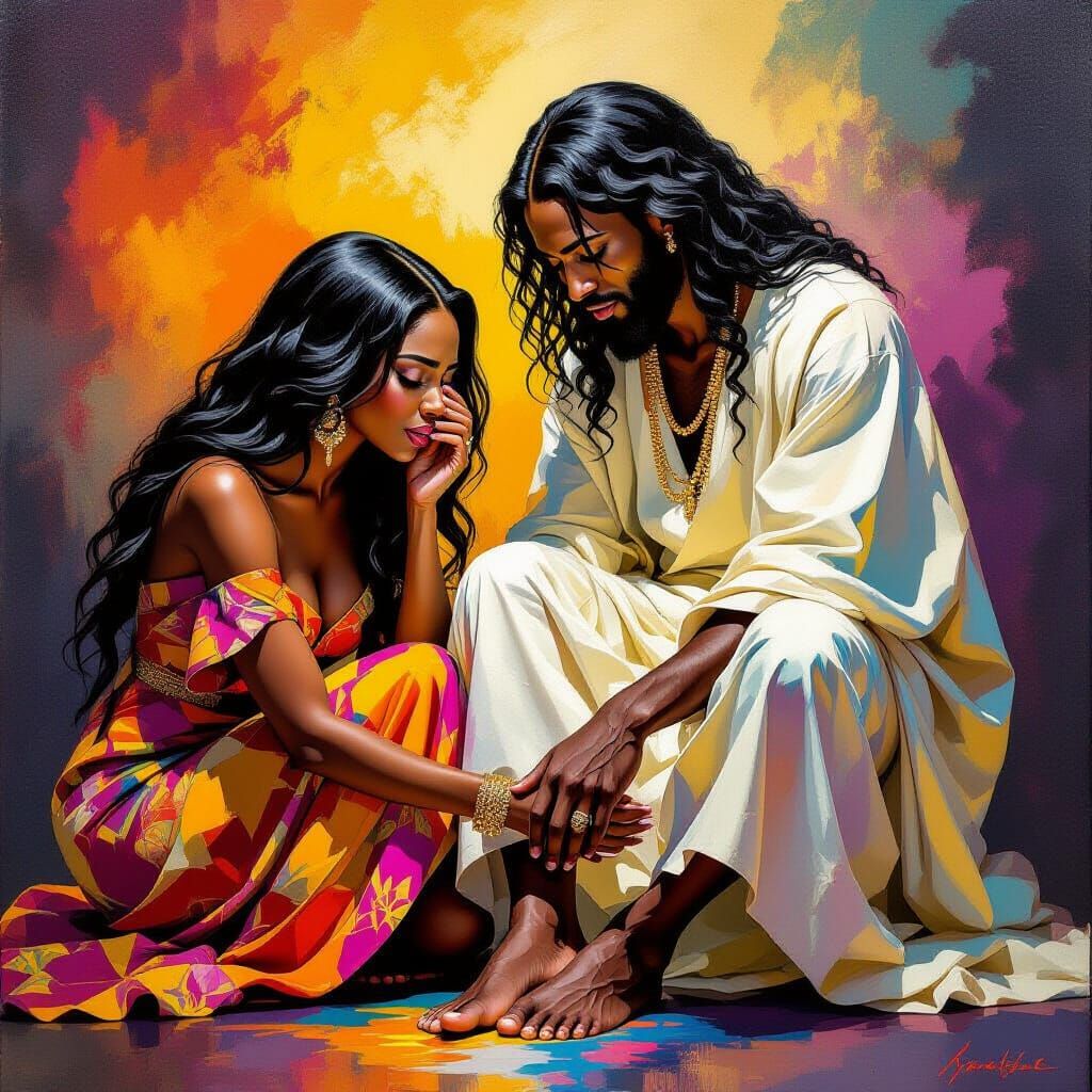 Woman Wipes Feet of Black Jesus in Contemporary Style