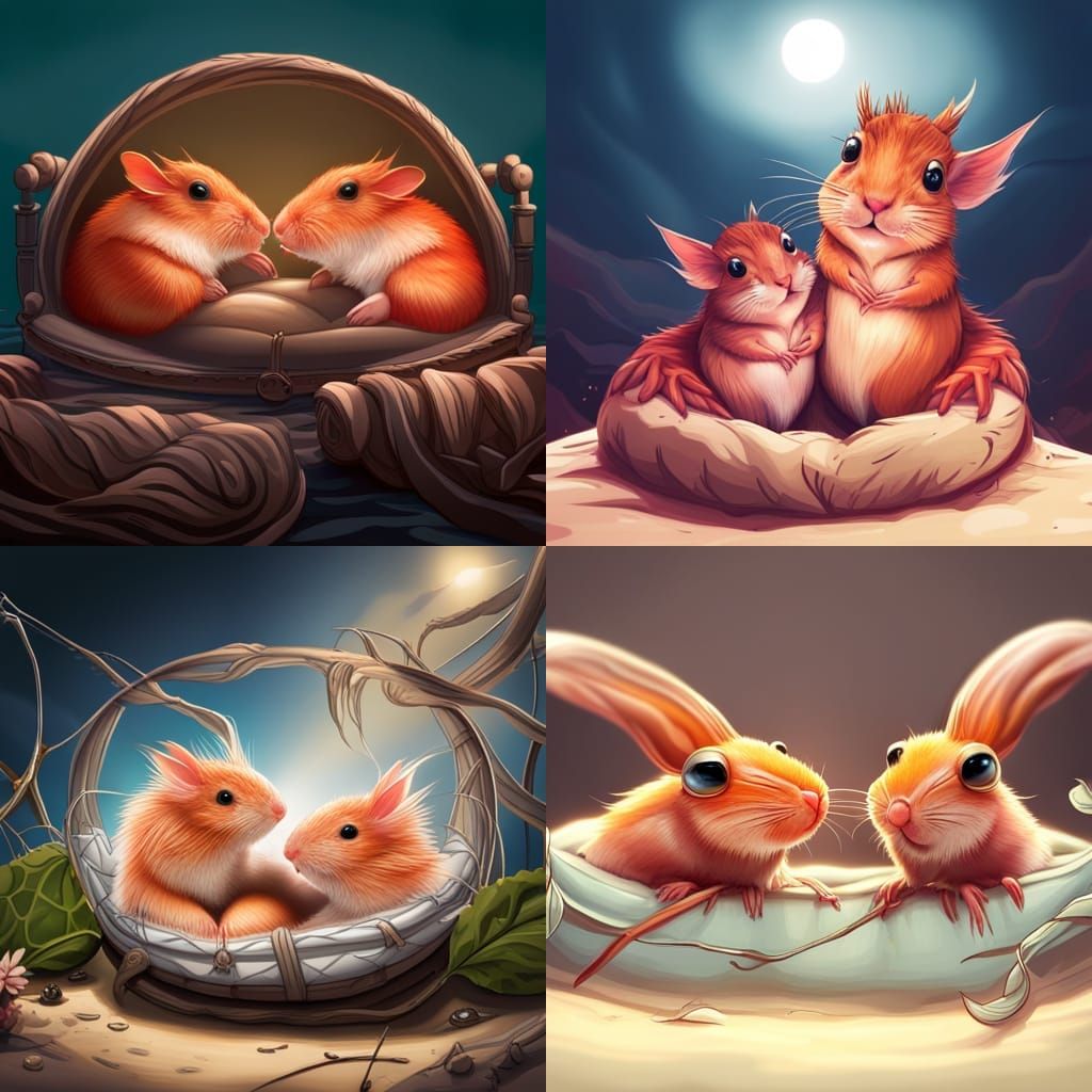 Cute Prawn-Hamster Hybrids Cuddling: Fantasy Concept Art