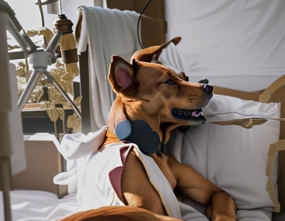 Humorous Half-Human Dog Smoking Pipe in Bed