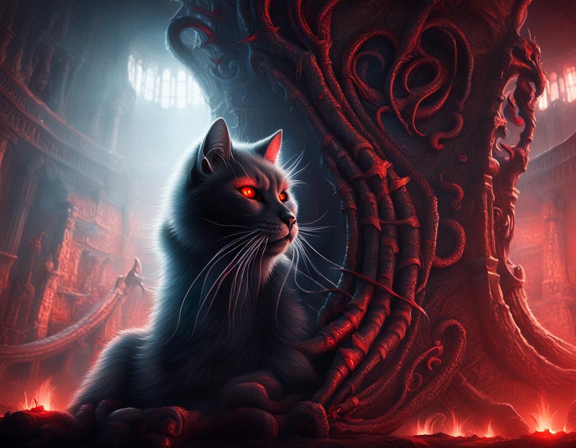 Terrifying Cat on Throne in Dark Fantasy Art
