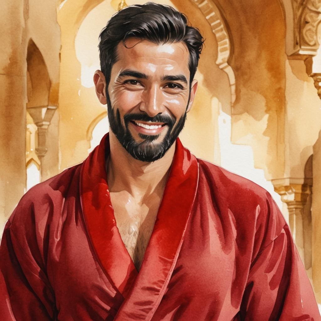 Smiling Man in Red Velvet Bathrobe Illustration