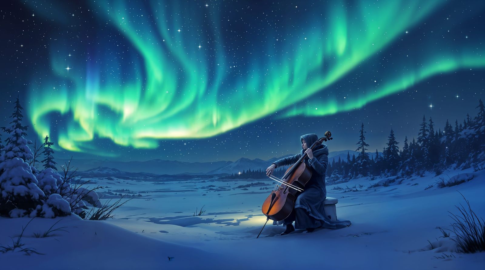 Ethereal Cellist Basks in Cosmic Winter Wonderland