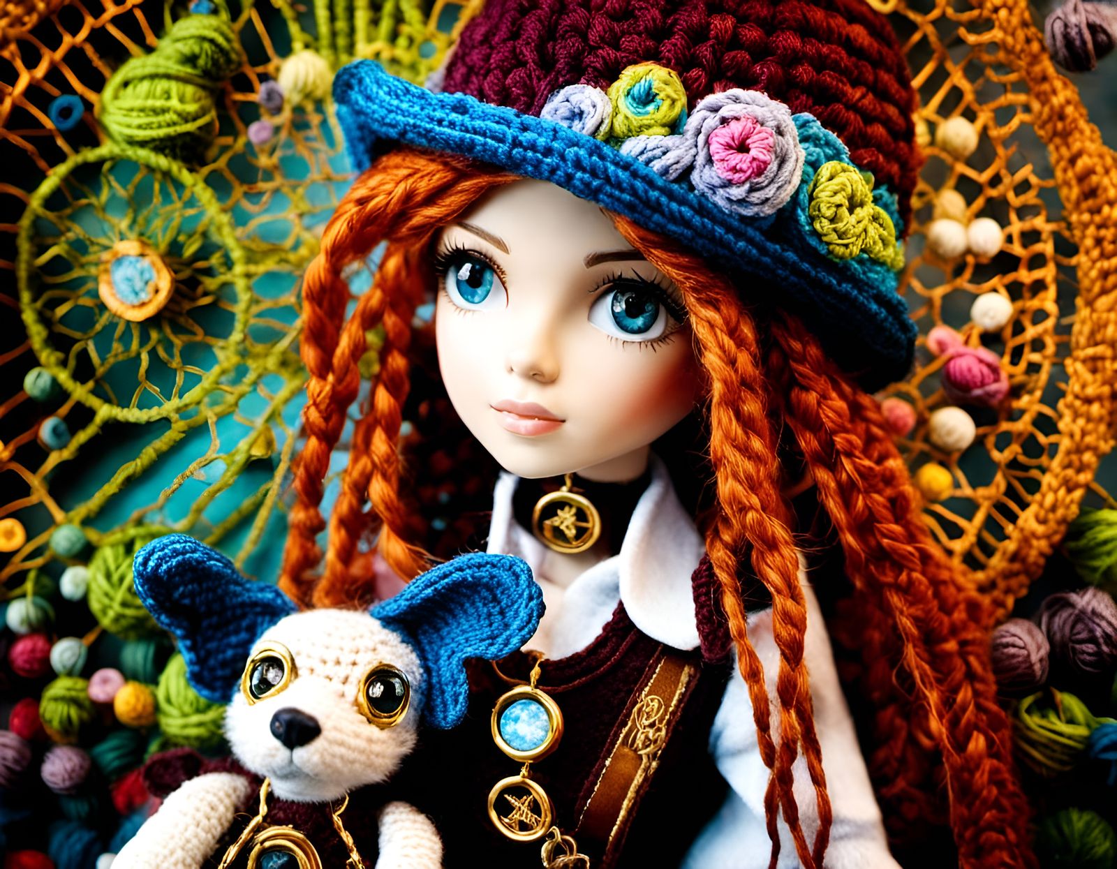 Yarn Crochet Steampunk Girl and Dog