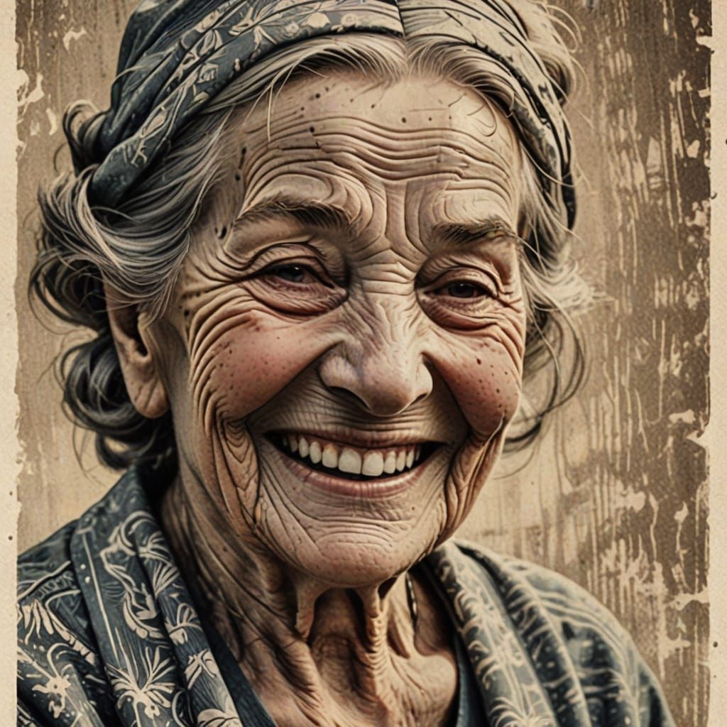 Elderly Woman's Wrinkled Smile in Textured Linocut Style