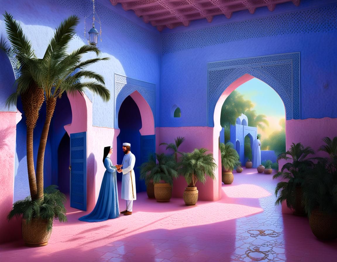 Historical Figures in Ethereal Pink Building