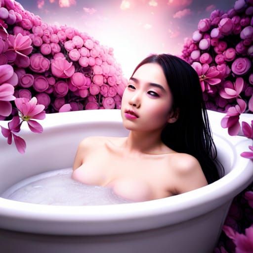 Asian Girl in Milk Bath with Blossoms