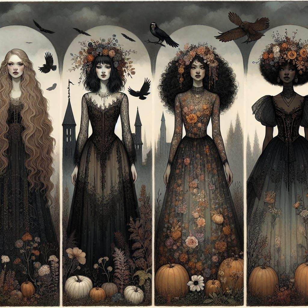 Gothic Goddesses in Whimsical Autumnal Landscape
