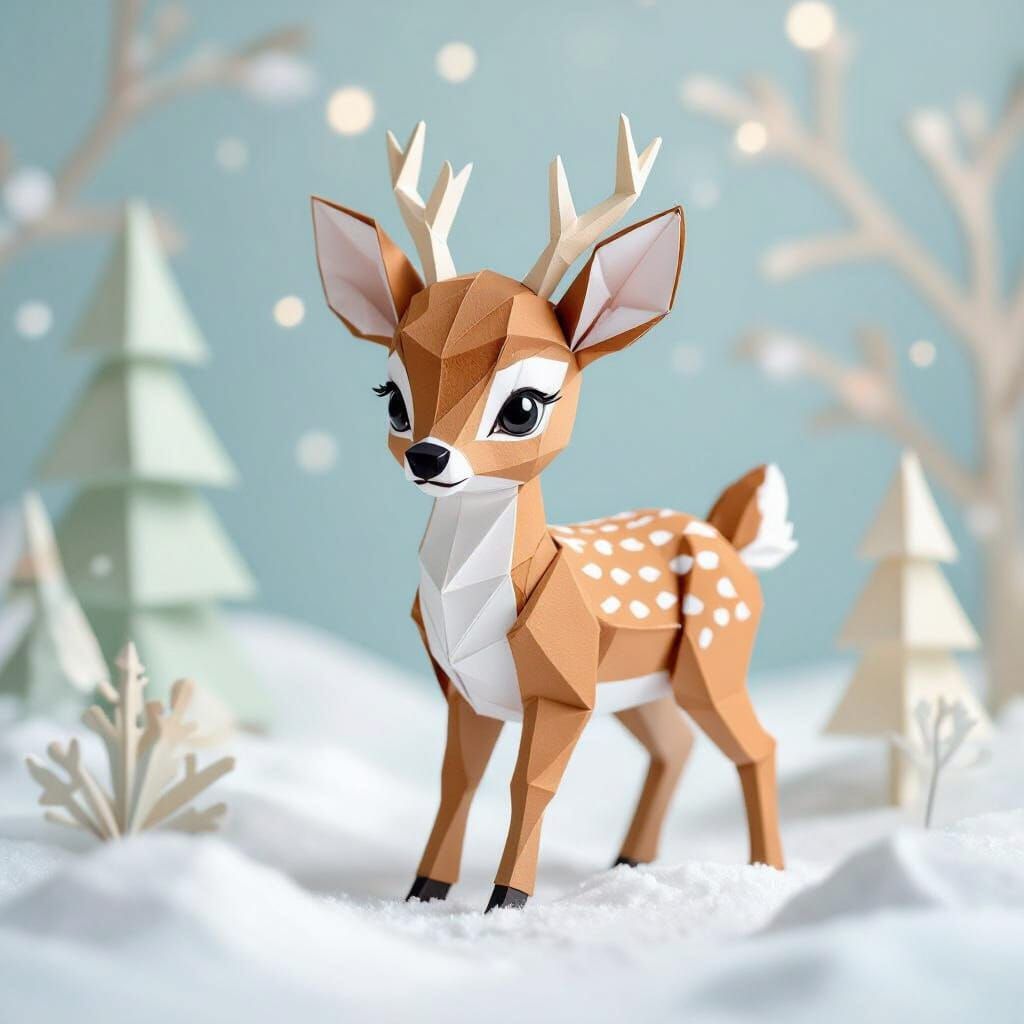Origami Baby Deer in Snowy Papercraft Landscape