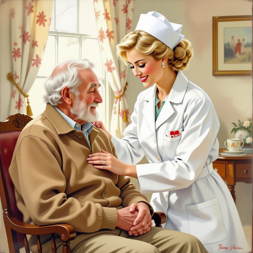 Nurse Helps Elderly Man, Rockwell-esque Illustration