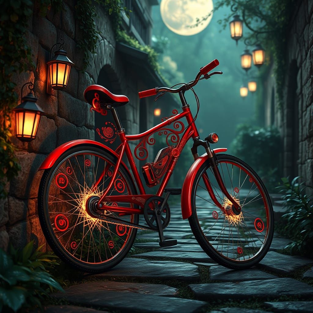 Mystical Red Bicycle in Moonlit Alleyway