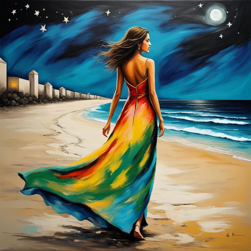 beautiful Brazilian young lady dreamer walking on the beach