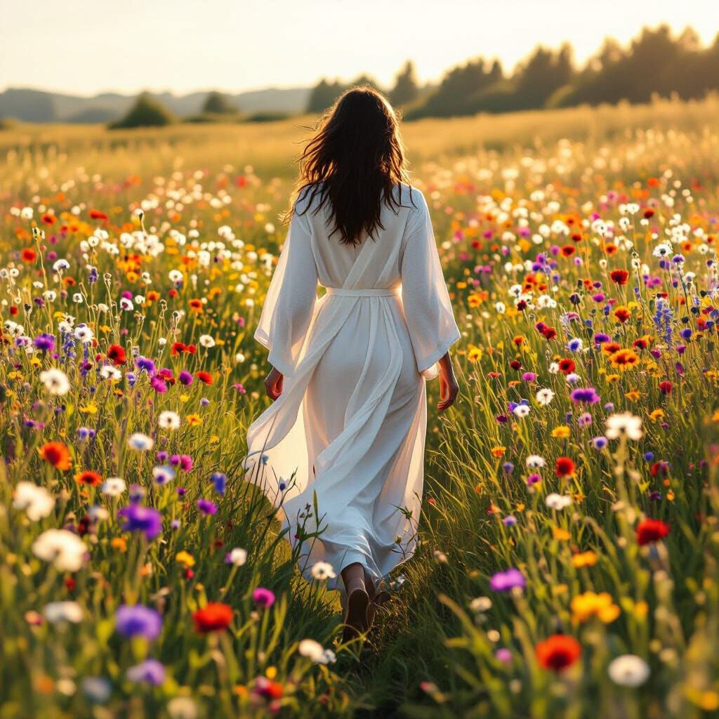 Jesus Walking in Meadow: Matte Painting Style