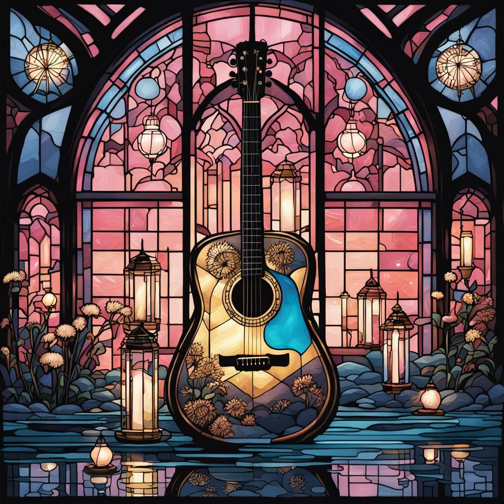 Stained Glass Architecture with Guitar and Dandelion