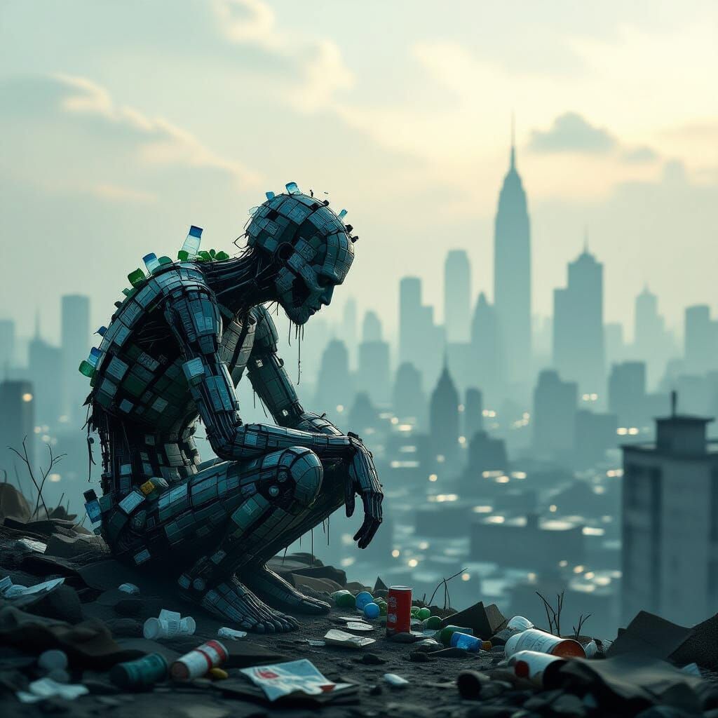 Garbage Creature Over Polluted Cityscape