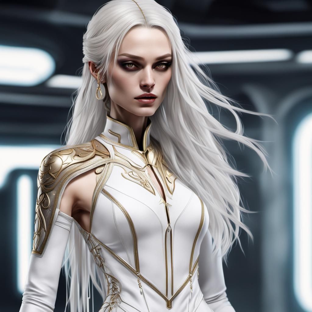 Cyberpunk Girl with White Hair and Golden Eyes