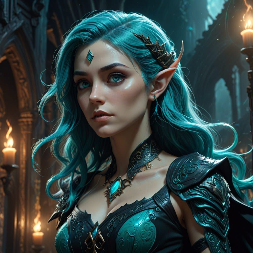 Elf Witch in Black Dress with Turquoise Hair