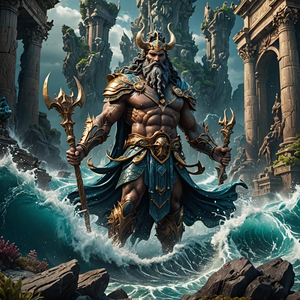 Detailed Matte Painting of Poseidon in Deep Color