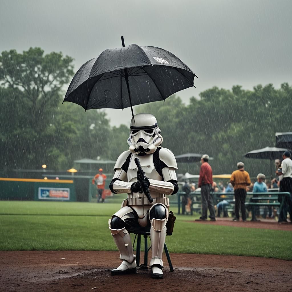 Stormtrooper Awaits Baseball Game in the Rain