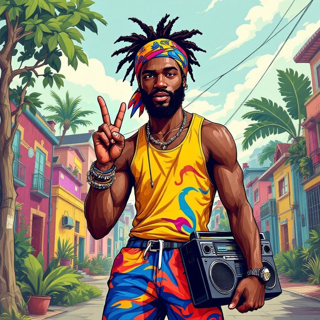 Man with Boombox in Colorful Neighborhood, Digital Art