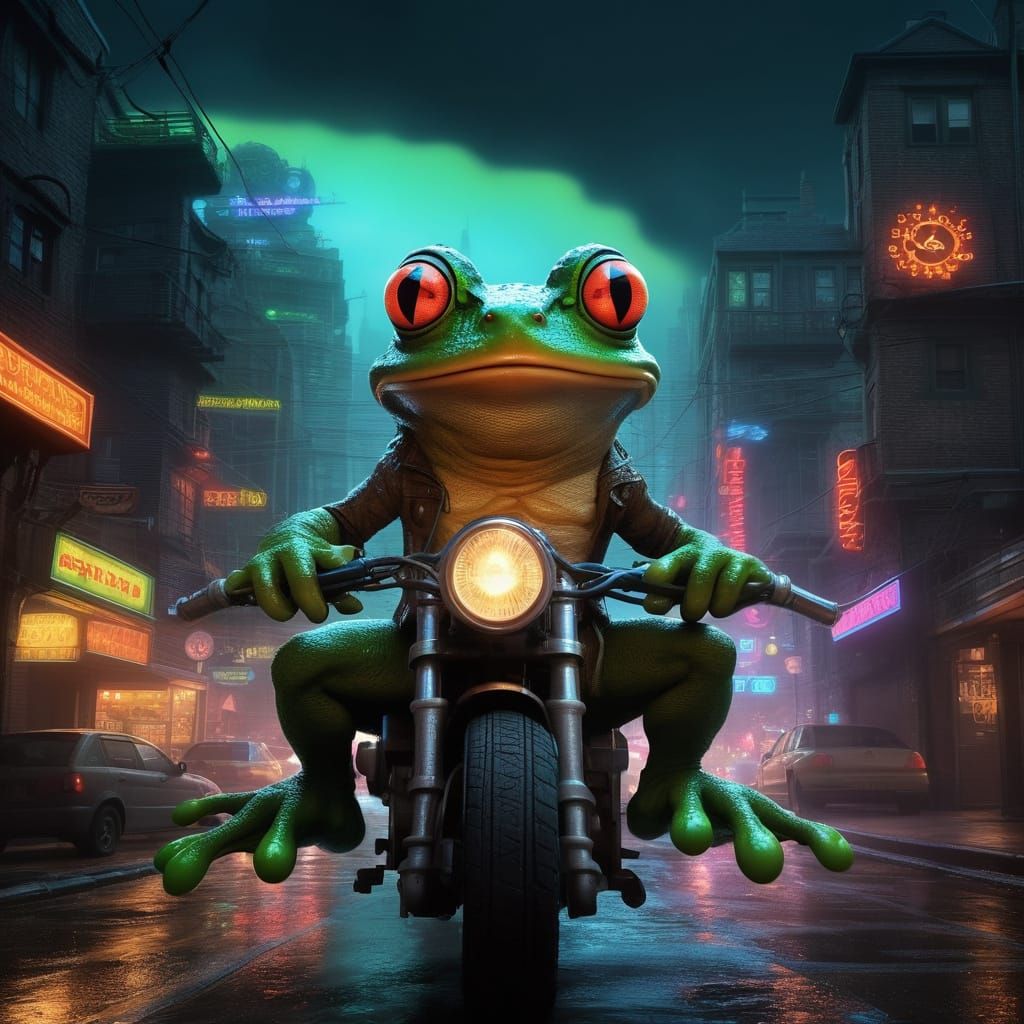 Steampunk Frog Conquers Neon Metropolis