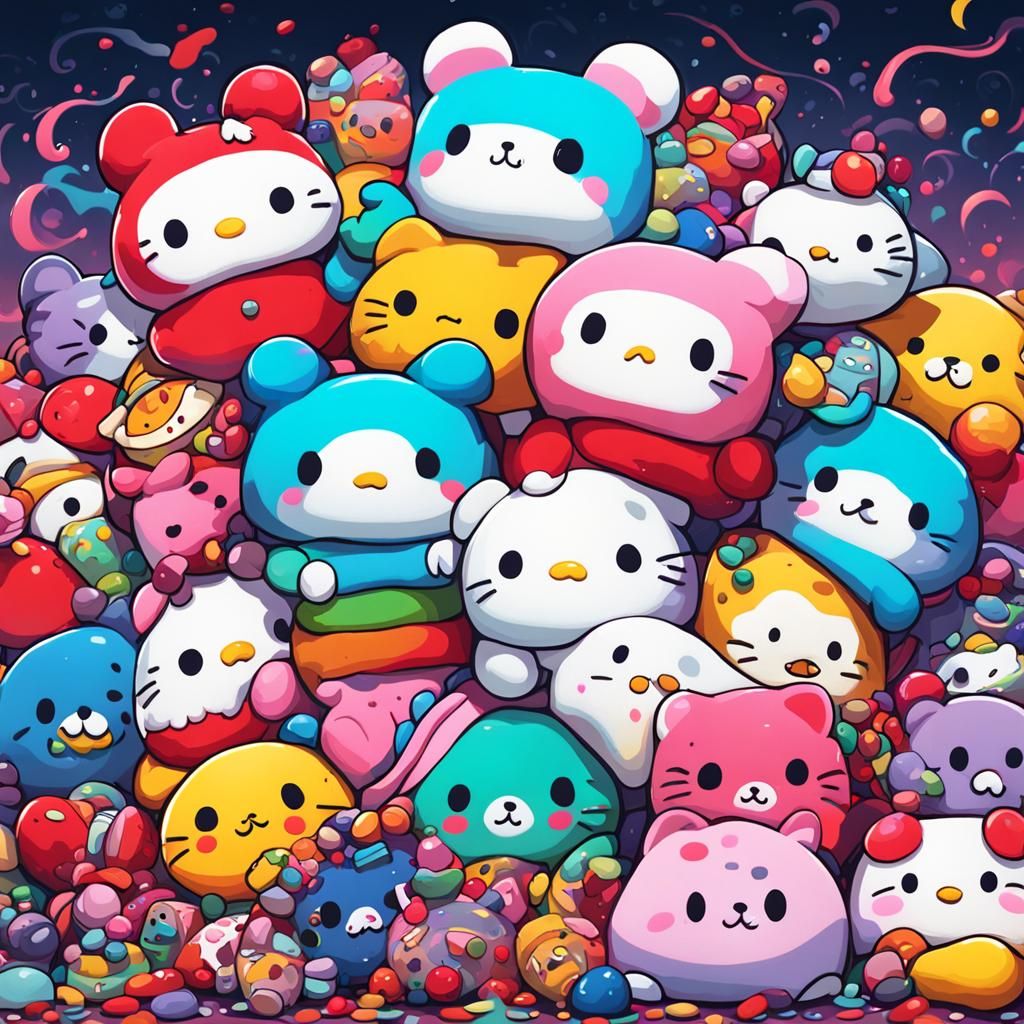 Pile of Sanrio and Squishmallow Plushies in Graffiti Art