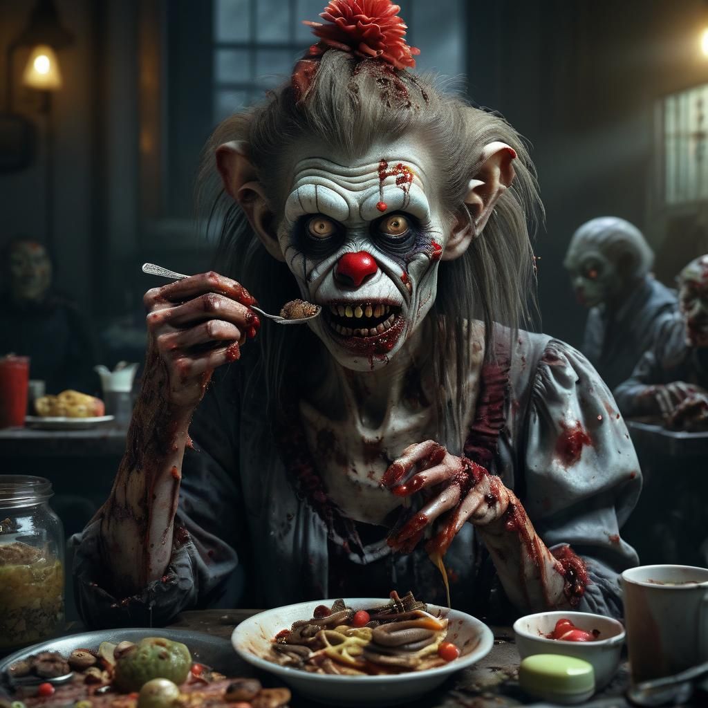 Hyperrealistic Horror: Zombie Clown Woman's Greasy Breakfast