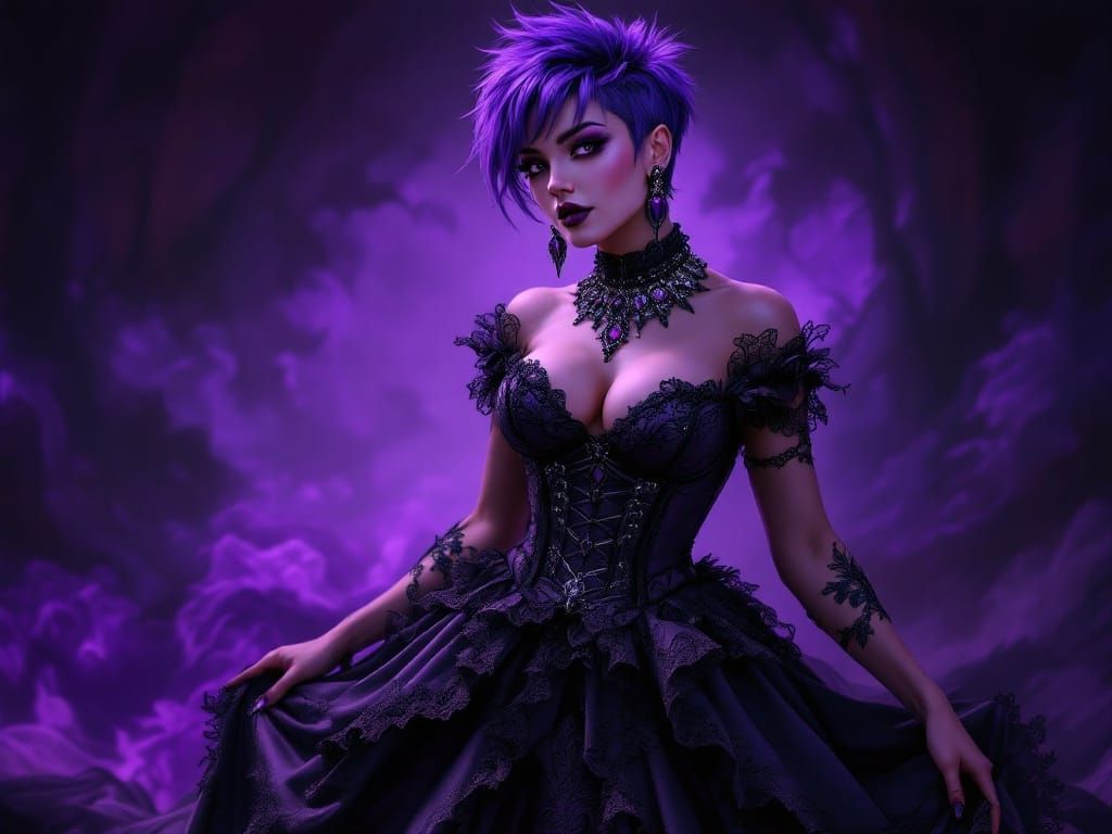 Gothic Wedding Goddess in Lavish Black and Purple Attire