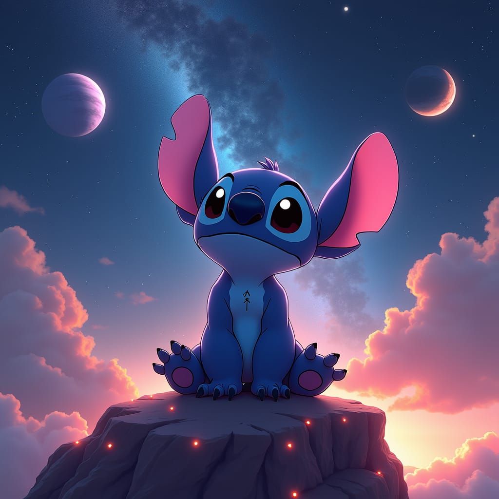 Stitch Among Celestial Wonders: Anime-Inspired 3D Art