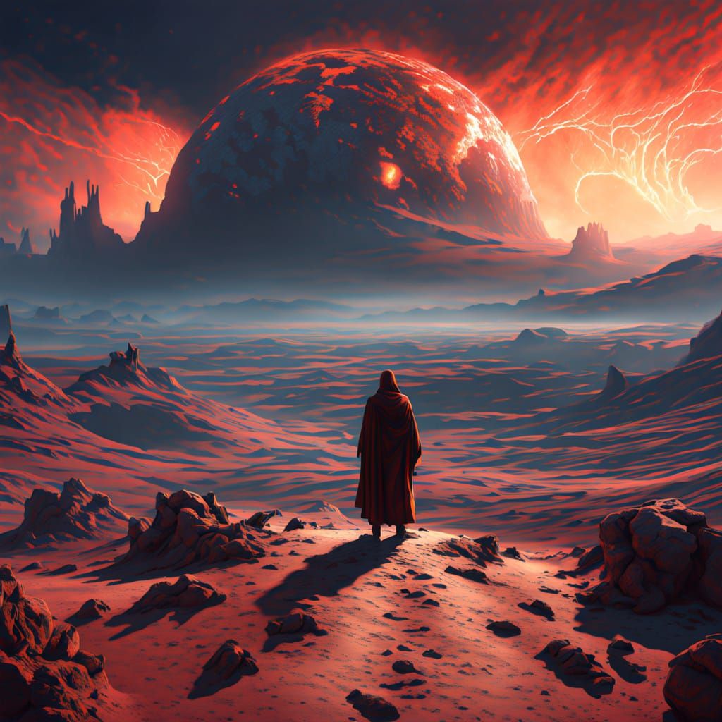 Dark Fantasy Wanderer in Spectral Desert, Beksiński Style