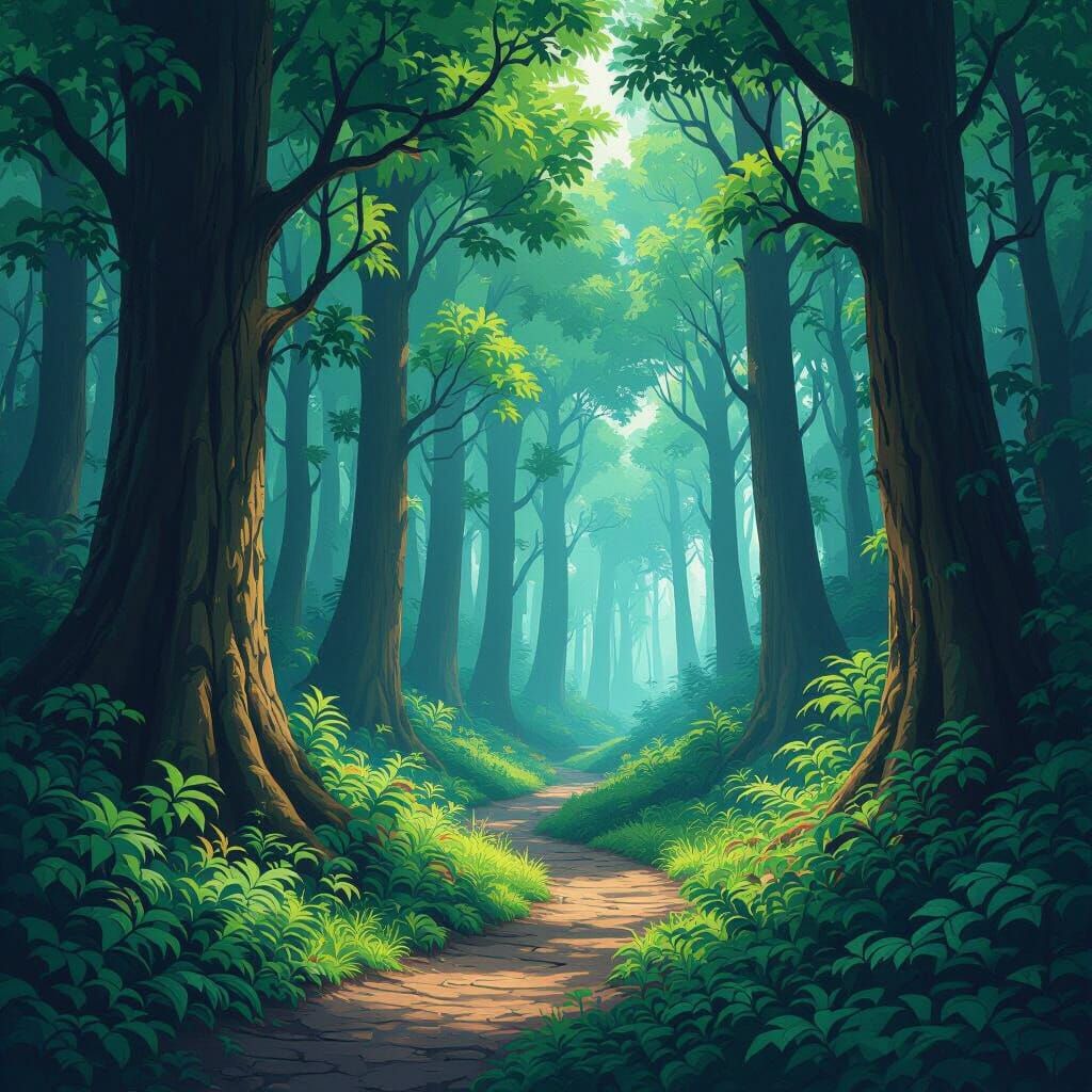 Vibrant Forest Pathway with Atmospheric Lighting