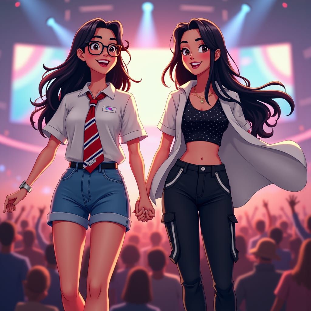 Cartoon Women Enjoying Concert in Stadium