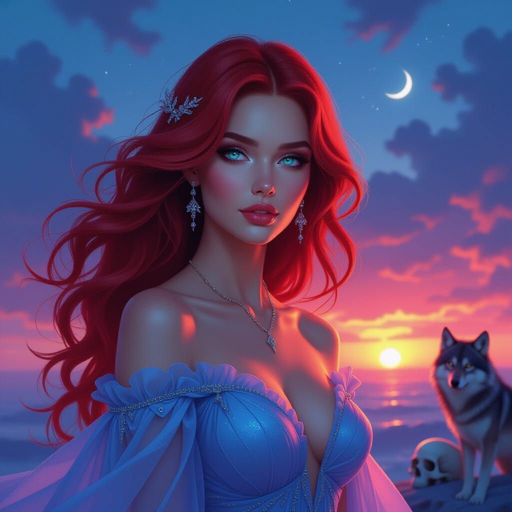 Mystical Woman in Celestial Gown Under Twilight Sky