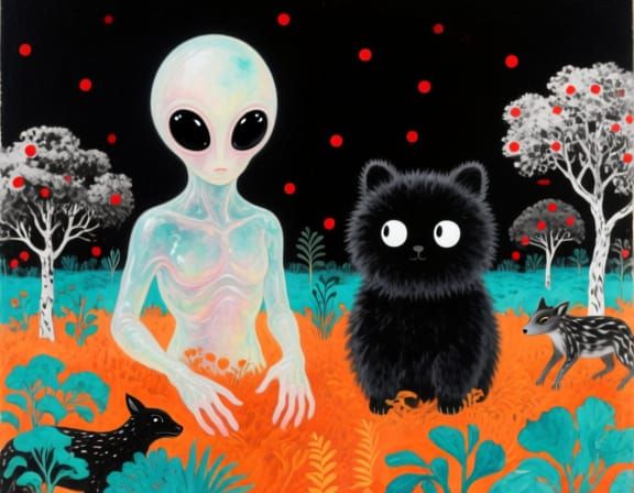 A surreal landscape where orange and turquoise vegetation su...